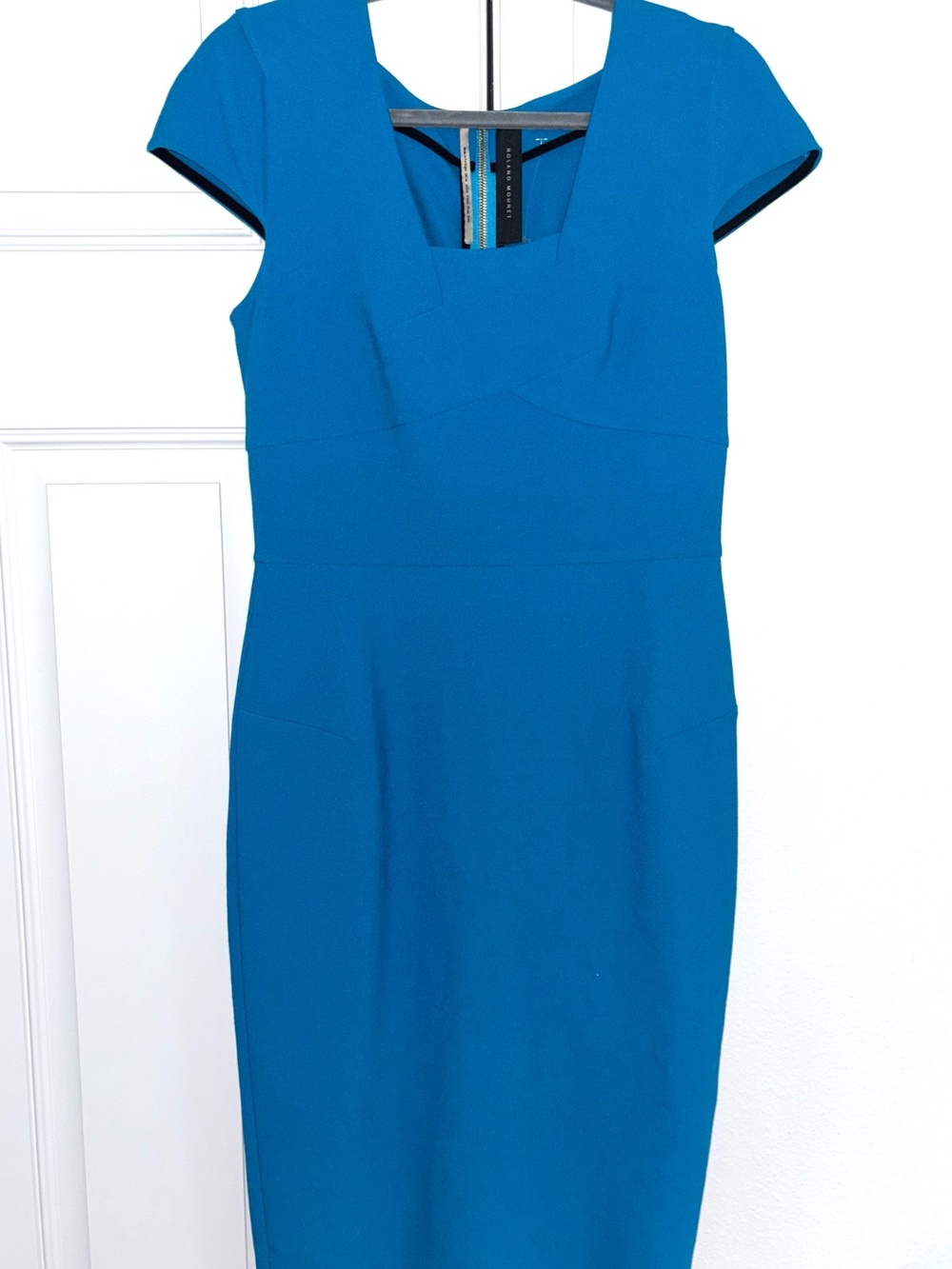 Roland Mouret Whistler Stretch-Crepe Turquoise Square-Neck Midi Sheath Dress - Picture 2 of 4